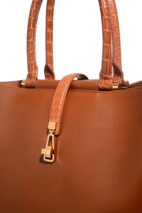 Vevers Tote Bag in Cognac Leather with Crocodile Leather Handle